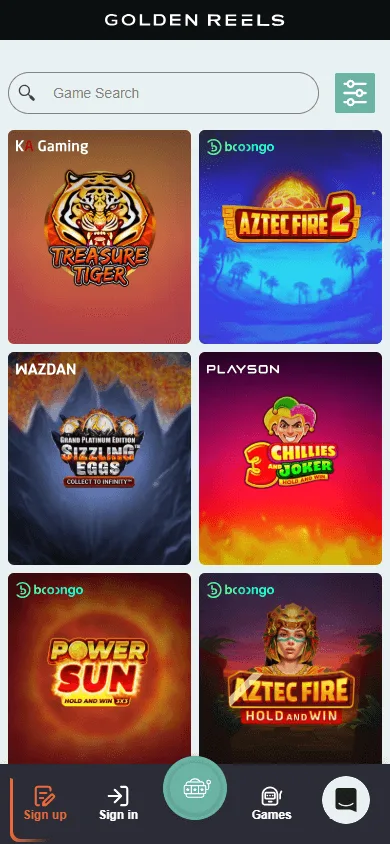 Golden Reels Casino games area on a mobile device