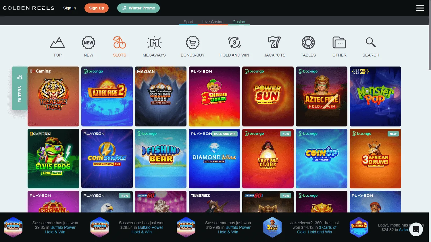 Golden Reels Casino games area on desktop