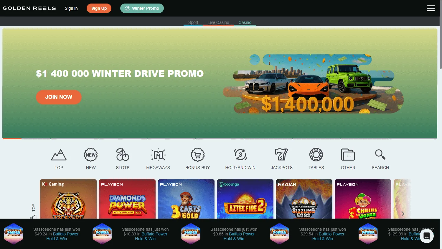 Golden Reels Casino home on desktop