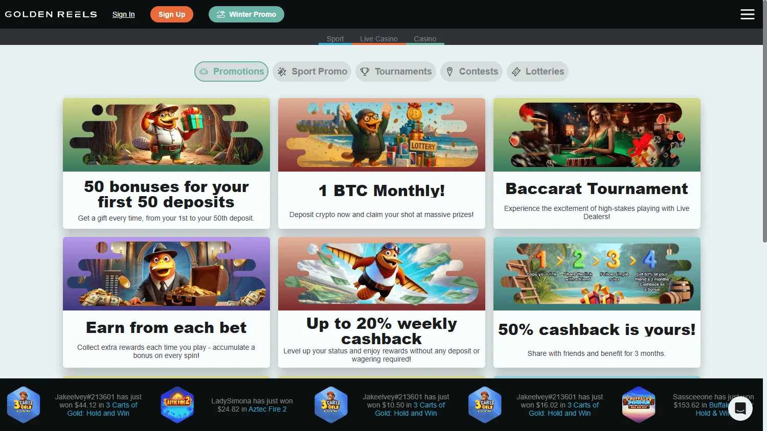 Golden Reels Casino promotions area on desktop